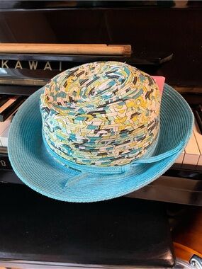 Lizzy by Design Colorful Woven Boater Hat with Teal Brim